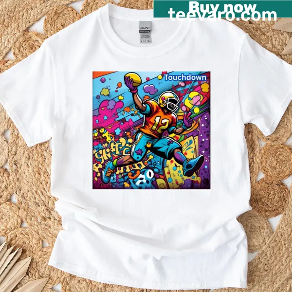 Playful touchdown-themed t-shirt with bold graphic text