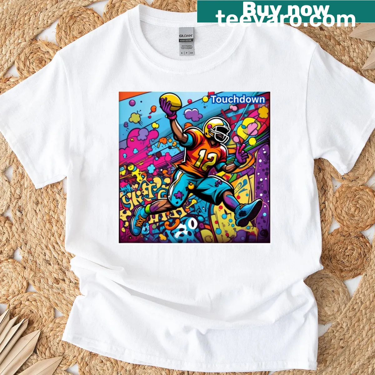 Playful touchdown-themed t-shirt with bold graphic text — on a men's t-shirt