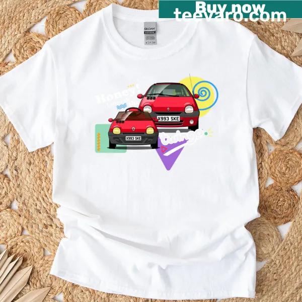 Graphic t-shirt celebrating Twingo Mini Me with fun design