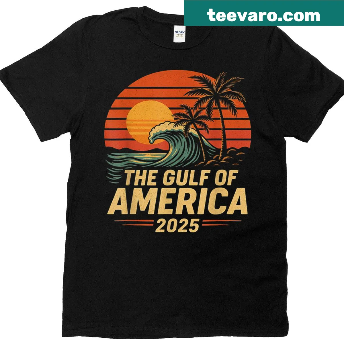 Vintage Gulf-themed t-shirt with retro sunset design — on a men's t-shirt
