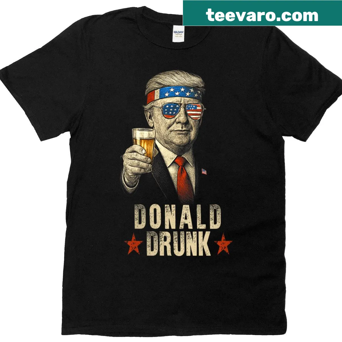 Humorous 4th of July shirt featuring Donald and beer — on a men's t-shirt