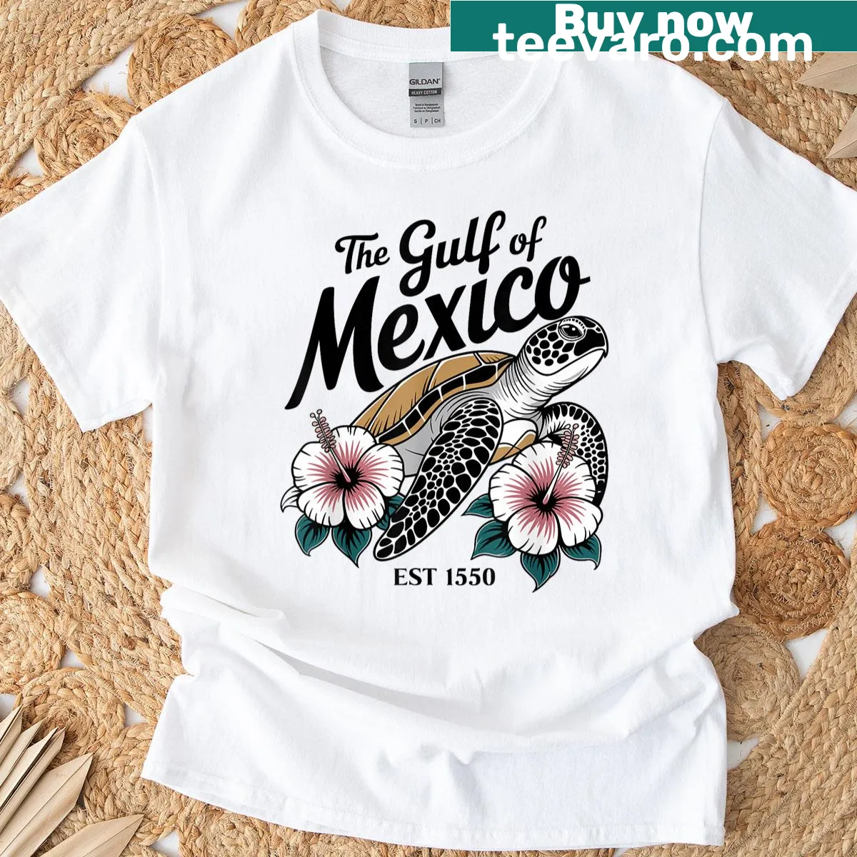 Illustrated sea turtle design T-shirt for women — on a men's t-shirt
