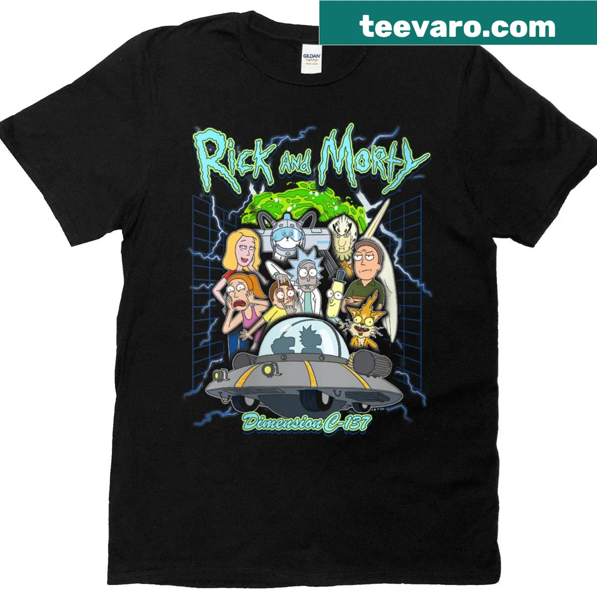 T-shirt featuring Rick and Morty characters and Dimension C-137 logo — on a men's t-shirt