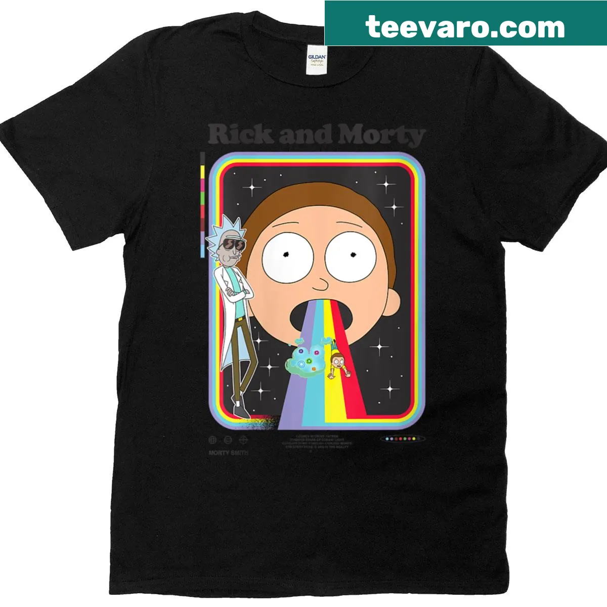 Retro Morty illustration T-shirt with rainbow design — on a men's t-shirt