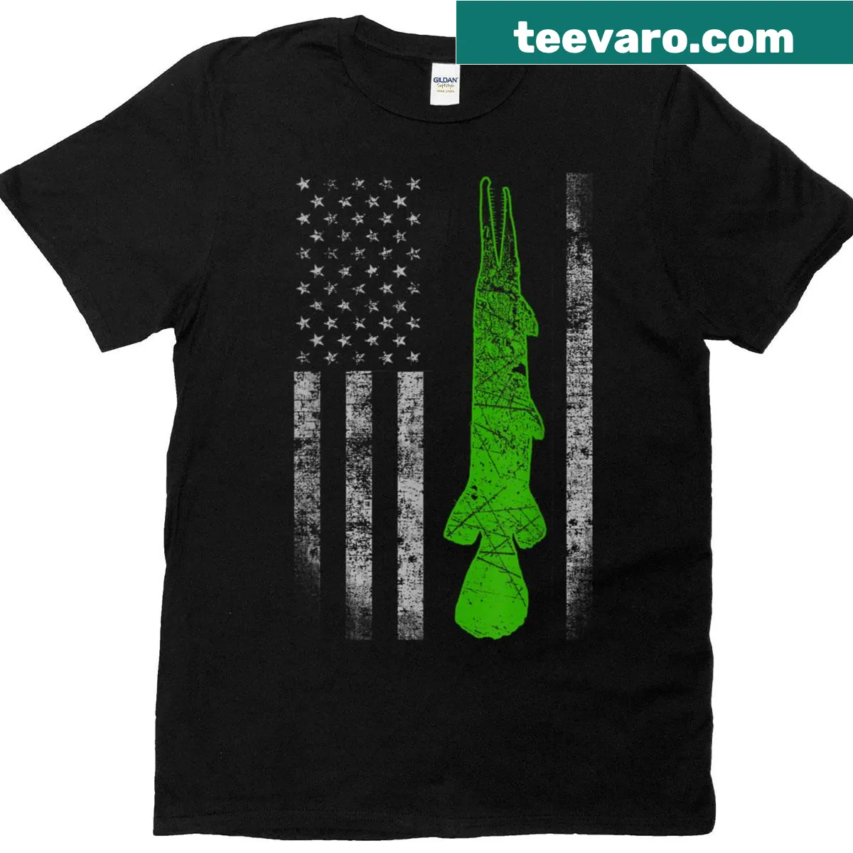 Fishing T-shirt with Alligator Gar flag design — on a men's t-shirt