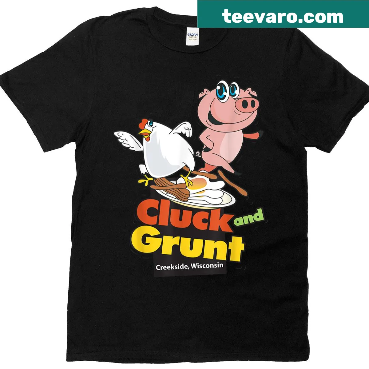 Whimsical diner scene with a chicken and pig graphic. — on a men's t-shirt