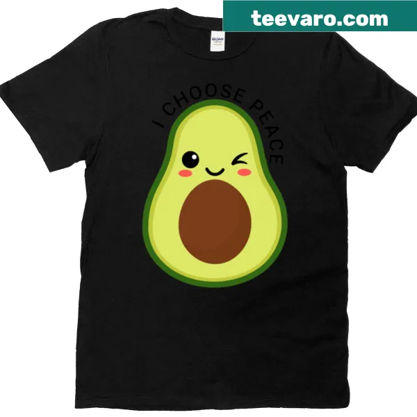 Playful avocado graphic on a peace-themed T-shirt