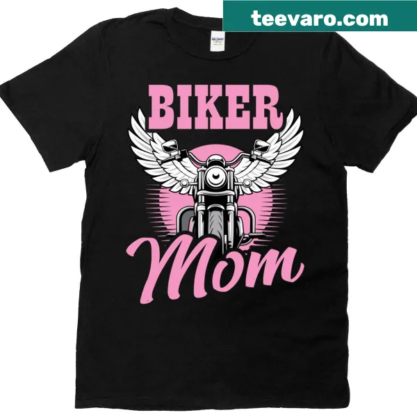 Biker Mom t-shirt with motorcycle wings and bold text