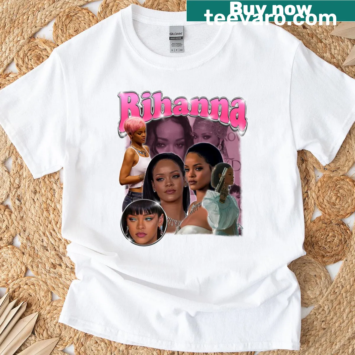 Playful bootleg-style graphic tribute to Rhianna on t-shirt. — on a men's t-shirt