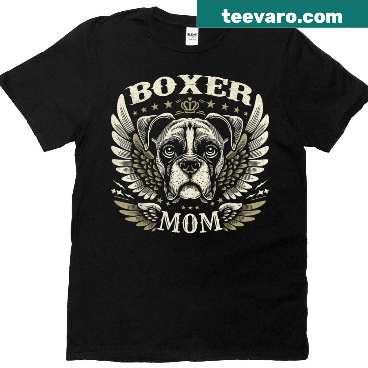 Retro Biker Mom t-shirt with boxer dog and motorcycle wings — on a men's t-shirt