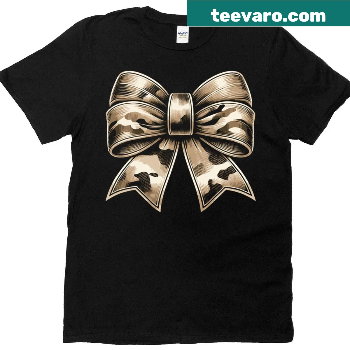 Camouflage bow graphic on a playful hunting T-shirt for deer hunters — on a men's t-shirt