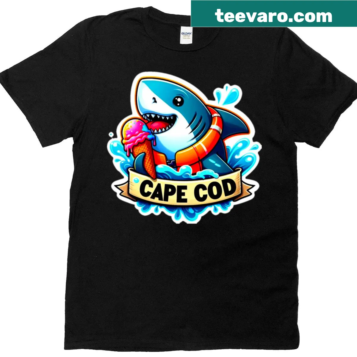 Funny illustration of a great white shark eating ice cream in Cape Cod — on a men's t-shirt