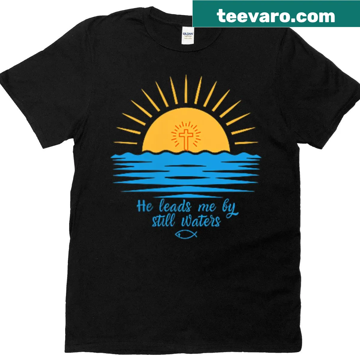 T-shirt featuring Psalm 23 text with a sunset graphic. — on a men's t-shirt