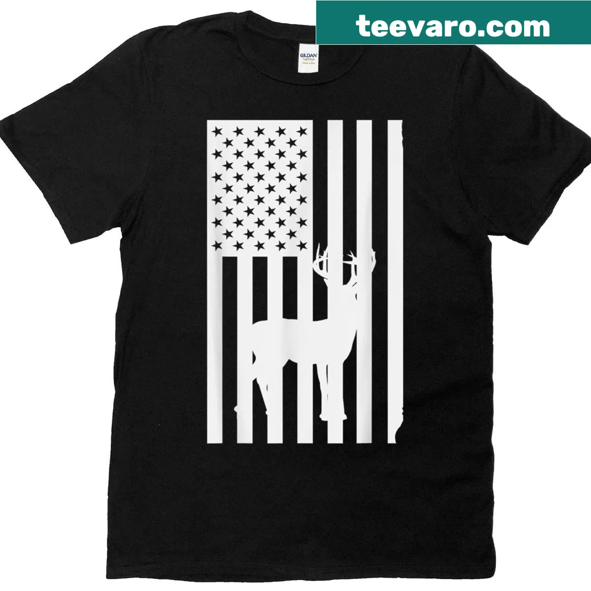 Patriotic t-shirt featuring a deer skull and American flag design — on a men's t-shirt