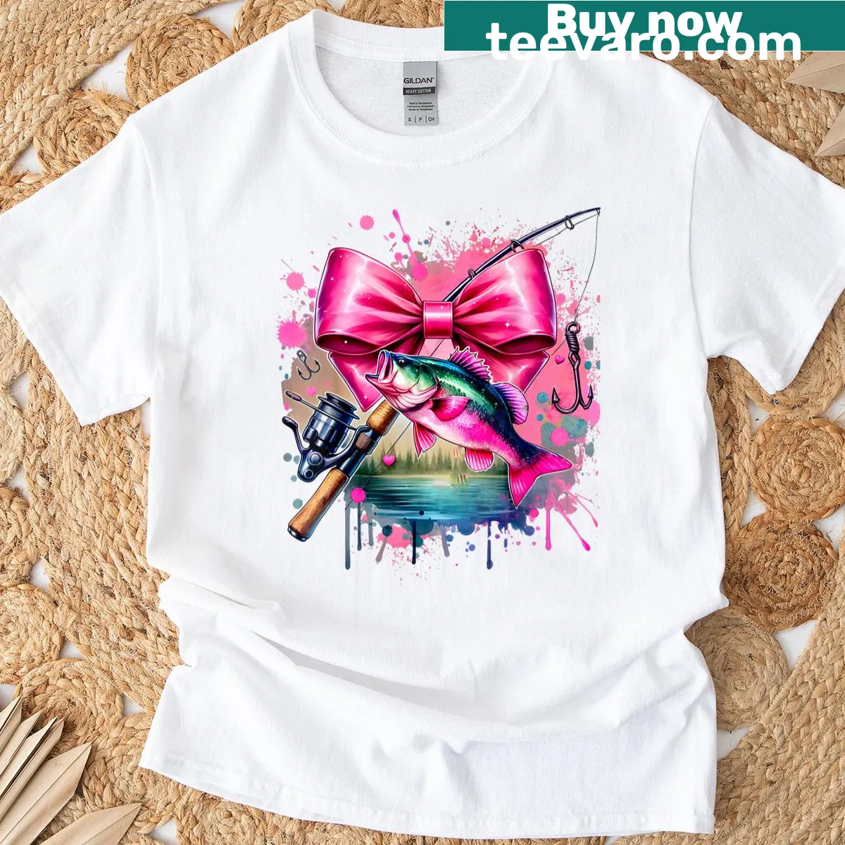 Cute illustration of a fishing pole with a bow on a t-shirt — on a men's t-shirt