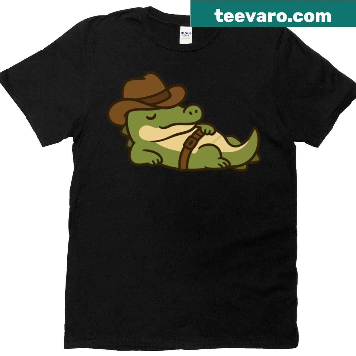 Whimsical crocodile in cowboy attire graphic on t-shirt — on a men's t-shirt