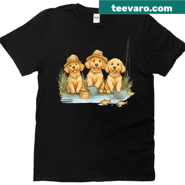 Adorable graphic of golden retriever puppies by a fishing pond on a T-shirt.