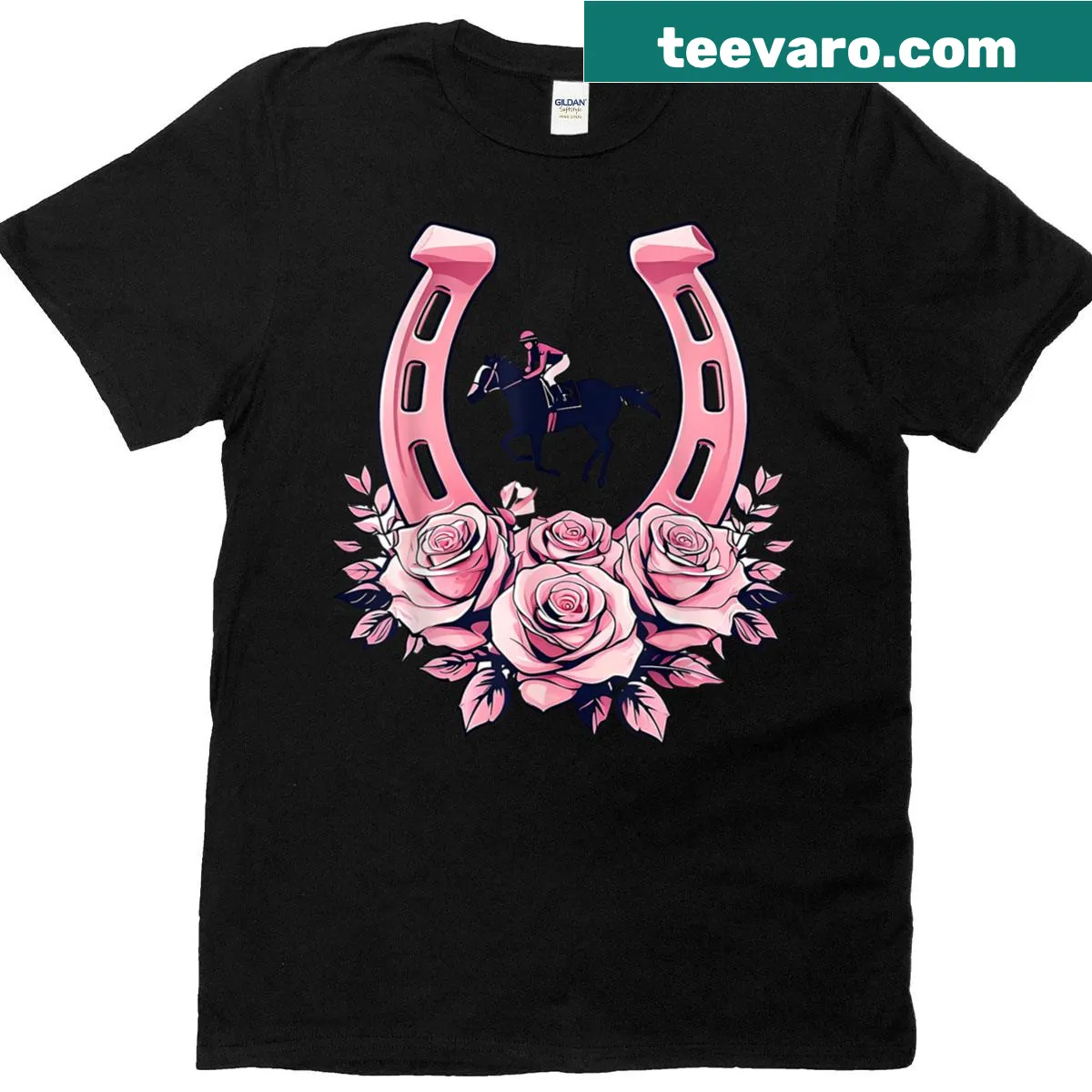 Charming horse racing graphic with roses on t-shirt — on a men's t-shirt