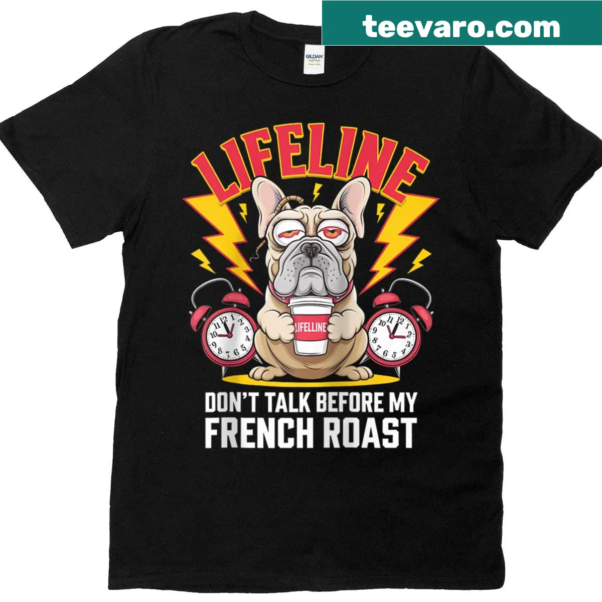 Cartoon of a French bulldog with coffee on a baseball tee — on a men's t-shirt