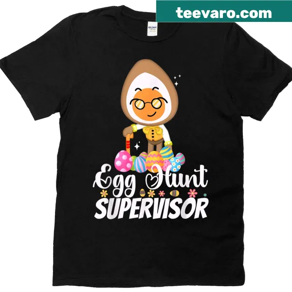 Charming Eggson character overseeing an egg hunt on t-shirt