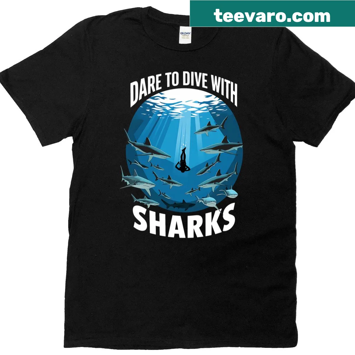 Diver surrounded by sharks in a bold illustration design — on a men's t-shirt