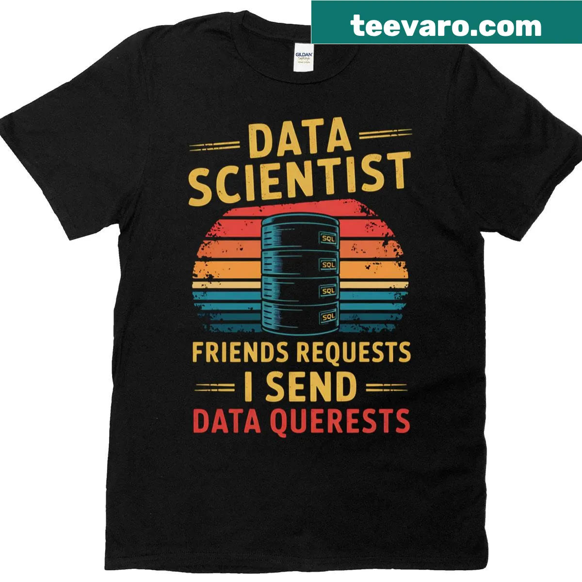 Playful typography T-shirt with I Don't Send Friends Requests, I Send Data phrase — on a men's t-shirt