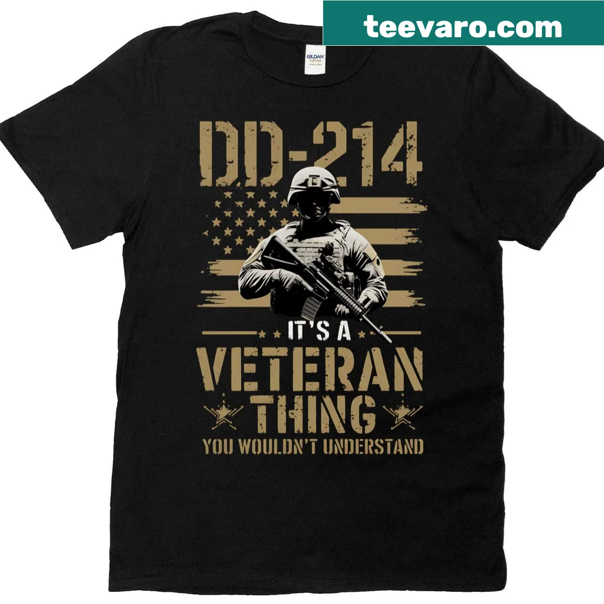 Veteran-themed T-shirt with bold text about Dd-214 experience — on a men's t-shirt