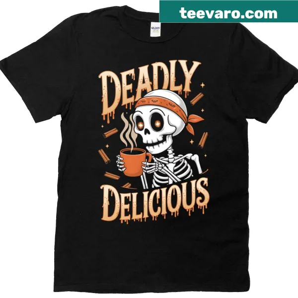 Cute Pumpkin Spice Skeleton T-shirt with cartoon design