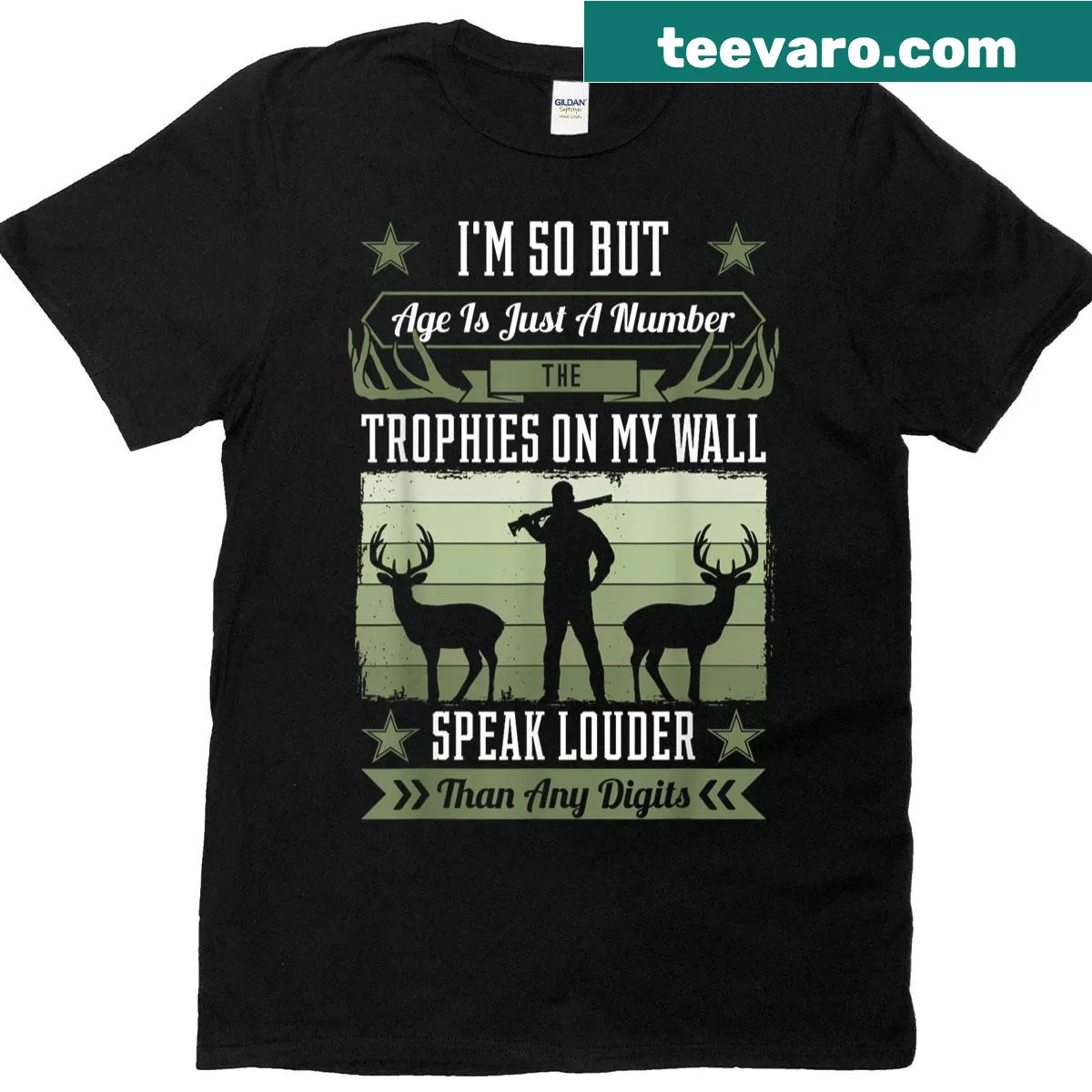 Illustrated T-shirt for deer hunters celebrating a 50th birthday — on a men's t-shirt