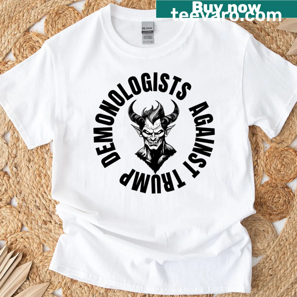 Text T-shirt with 'Demonologists Against Trump' — on a men's t-shirt