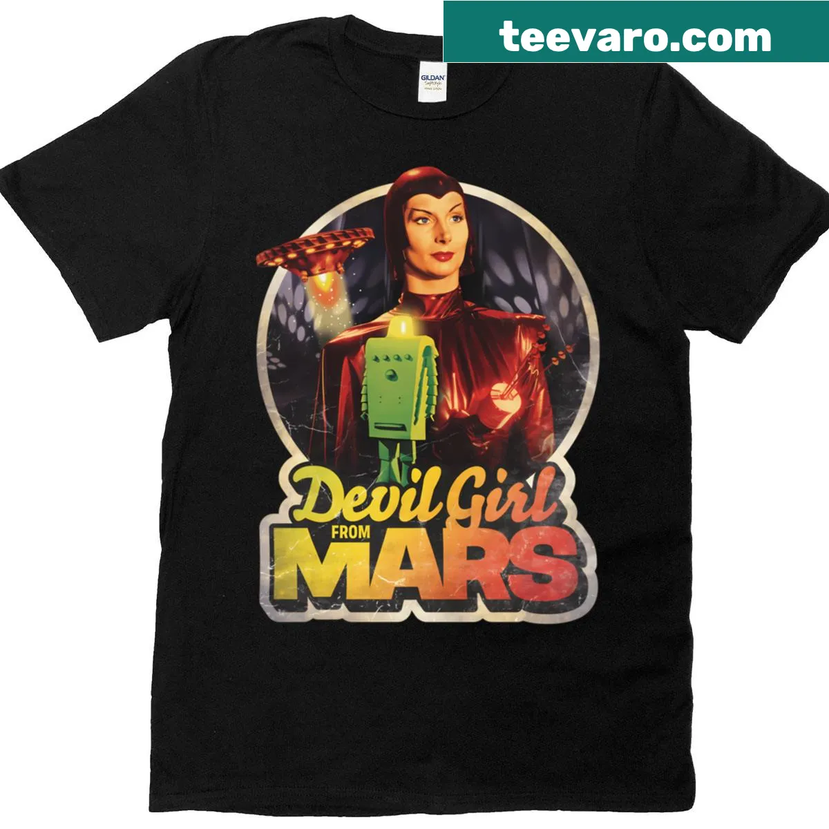 Vintage oversized T-shirt featuring a devil girl graphic — on a men's t-shirt