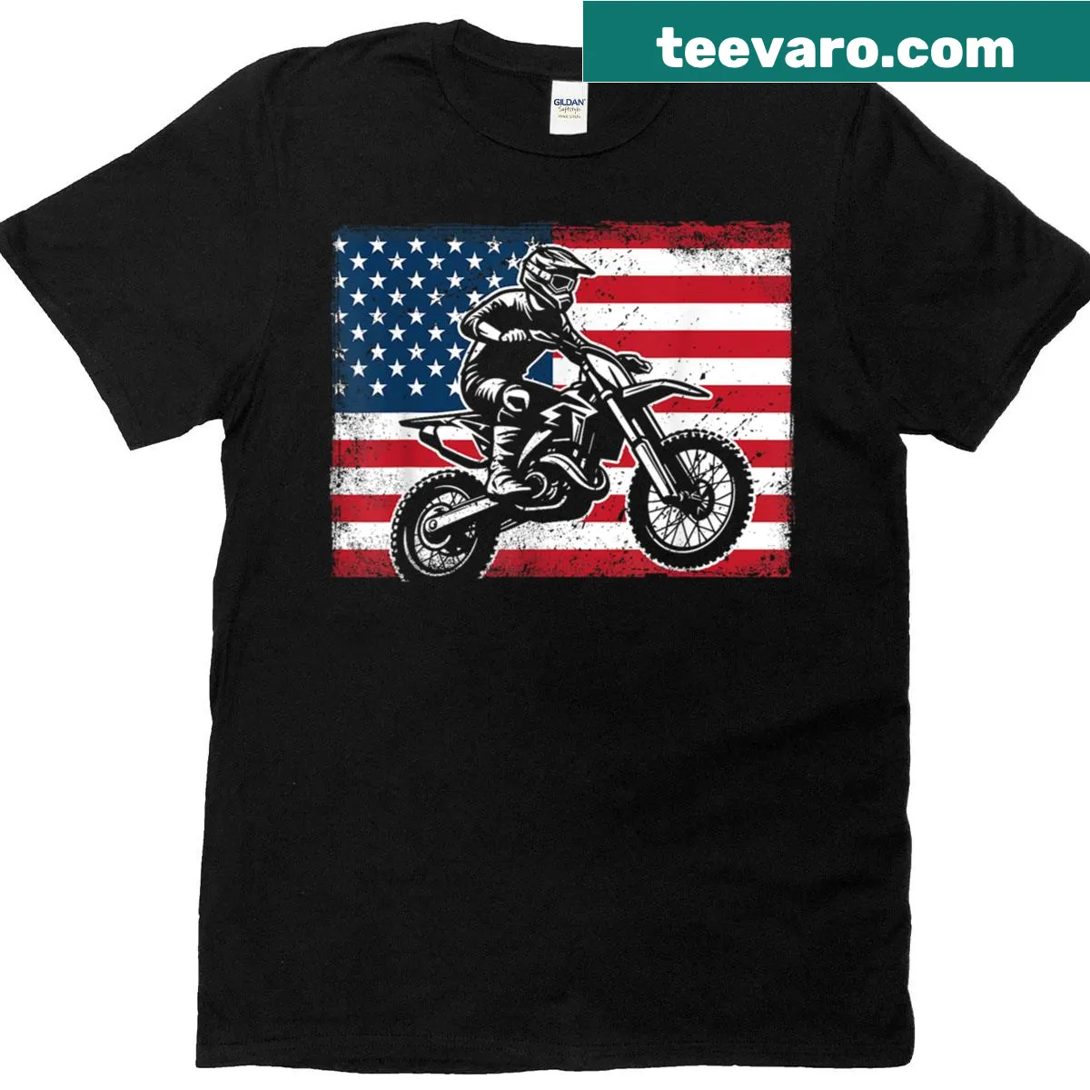 Vintage-style T-shirt featuring dirt bikes and the American flag — on a men's t-shirt