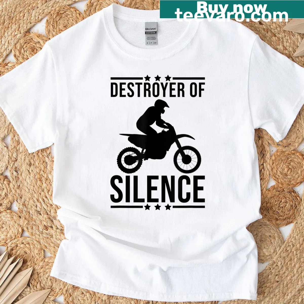 Illustrated t-shirt featuring a dirt bike in action — on a men's t-shirt