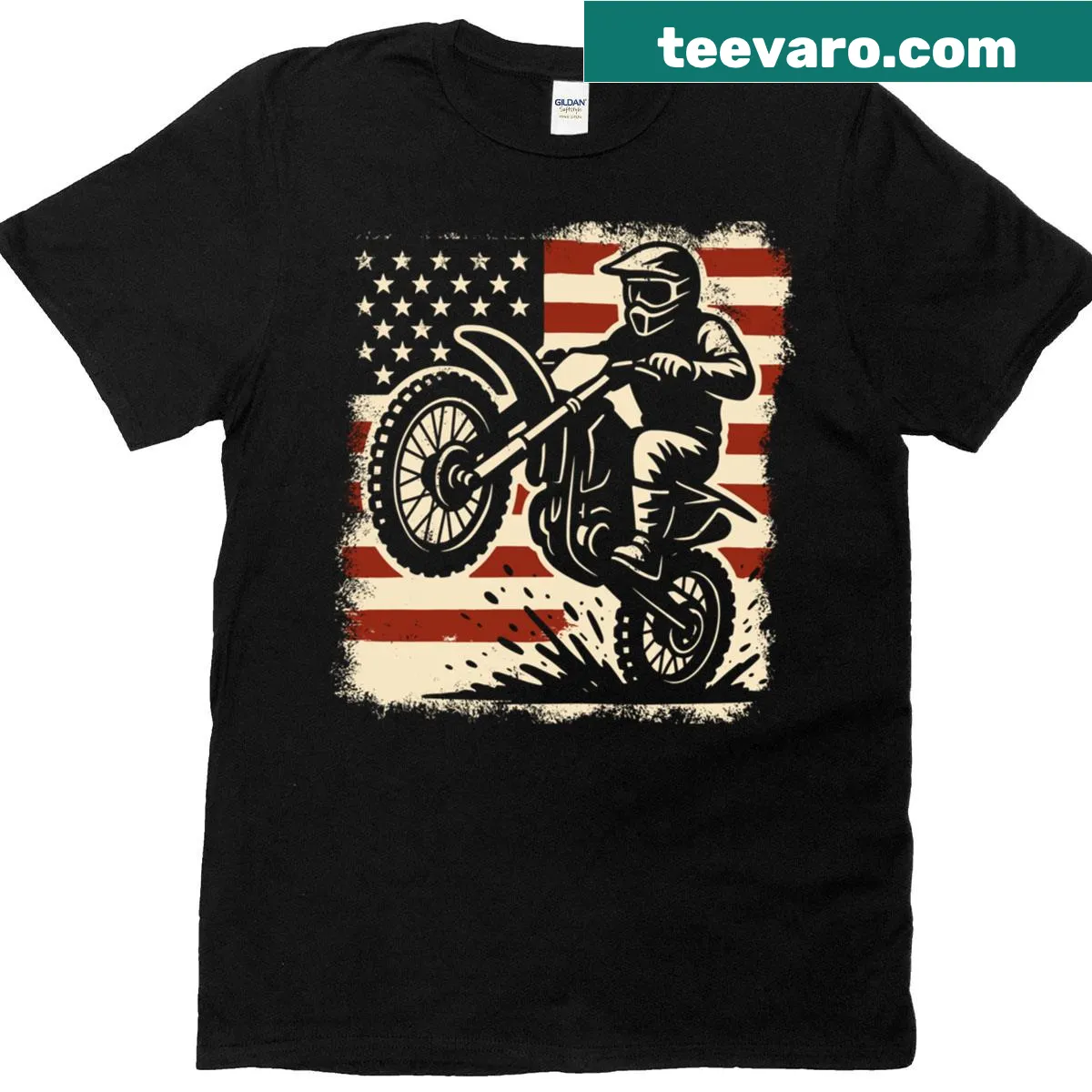 Motocross T-shirt featuring dirt bike graphics and American flag — on a men's t-shirt