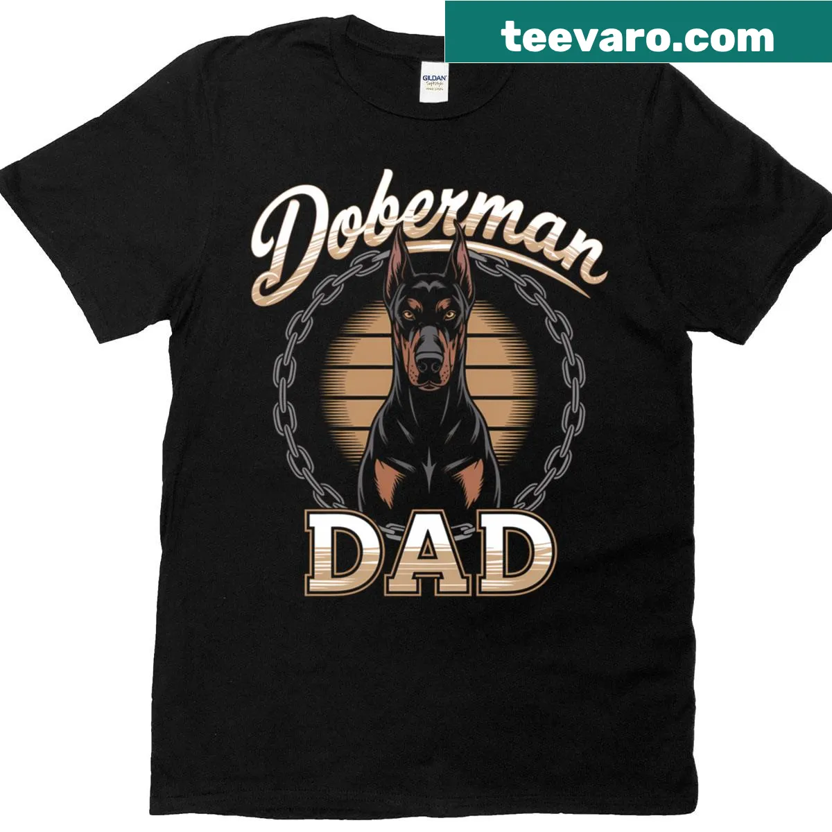 Doberman Dog Dad silhouette T-shirt with dog-themed text — on a men's t-shirt