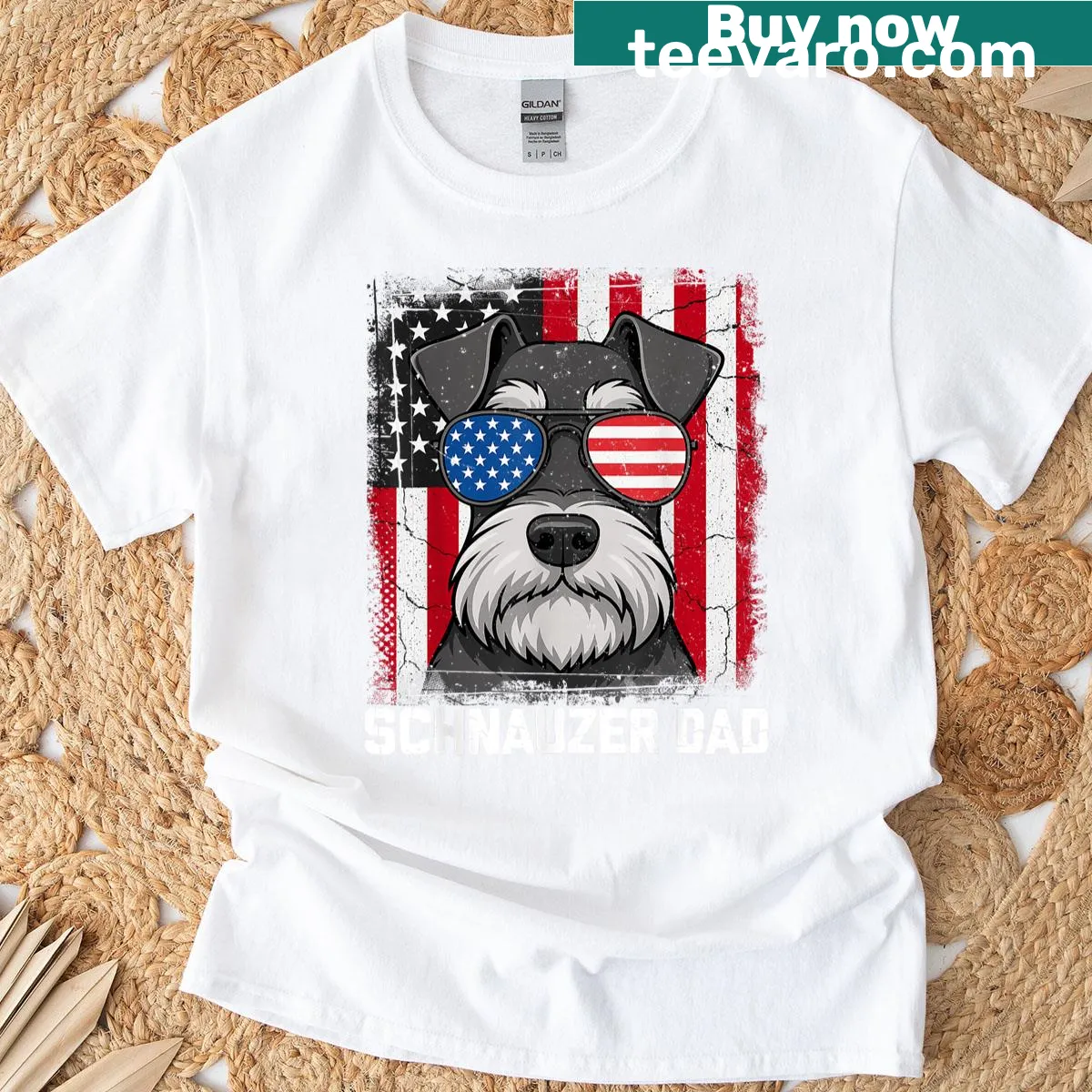 Dog Dad t-shirt with mini Schnauzer and USA flag design — on a men's t-shirt