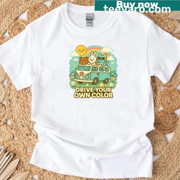 Retro road trip T-shirt with 'Drive Your Own Color' text