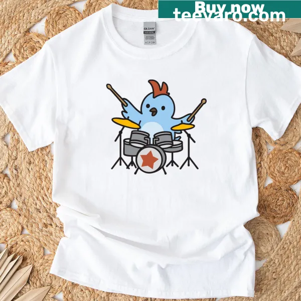 T-shirt featuring a whimsical illustration of a bird playing the drums