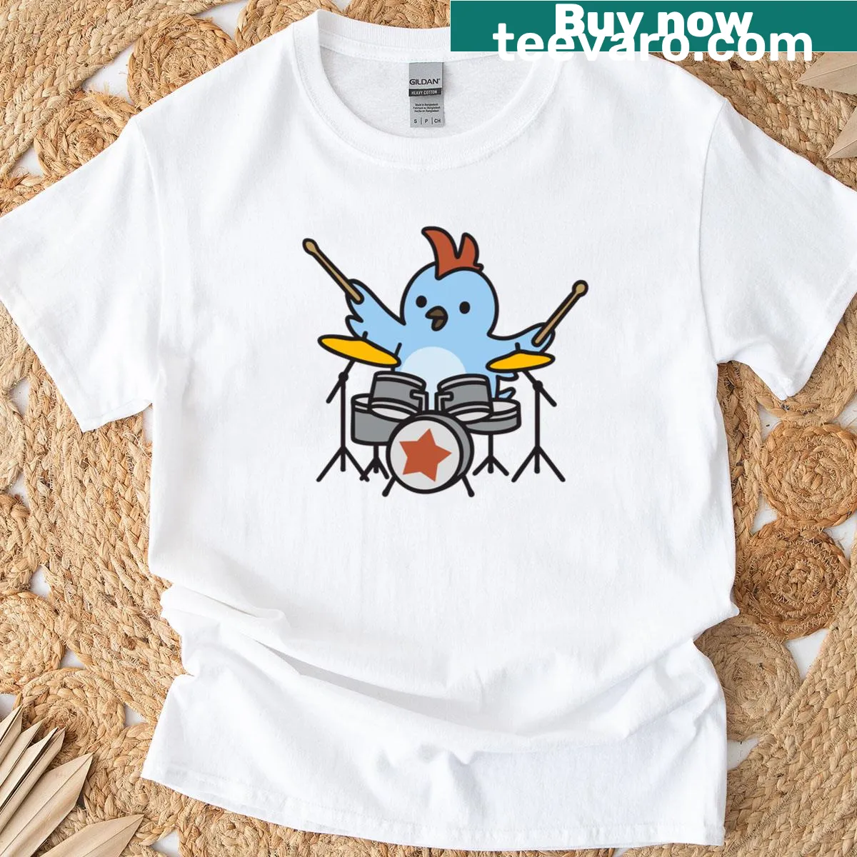 T-shirt featuring a whimsical illustration of a bird playing the drums — on a men's t-shirt