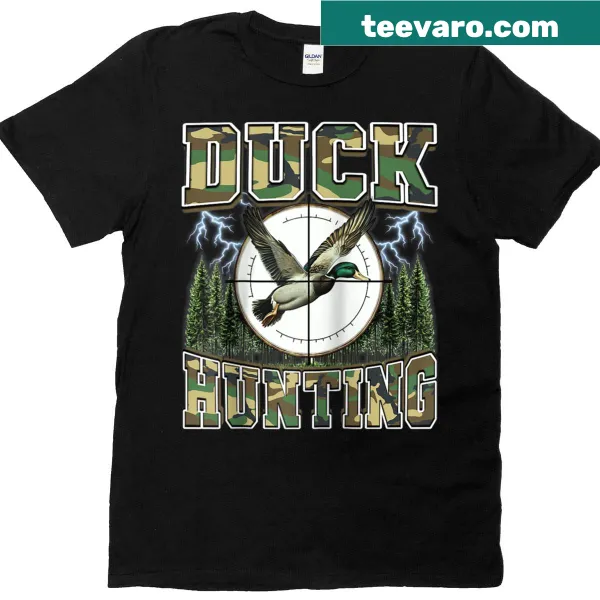 Vintage camo Duck Hunter tee with playful graphics and raglan sleeves.