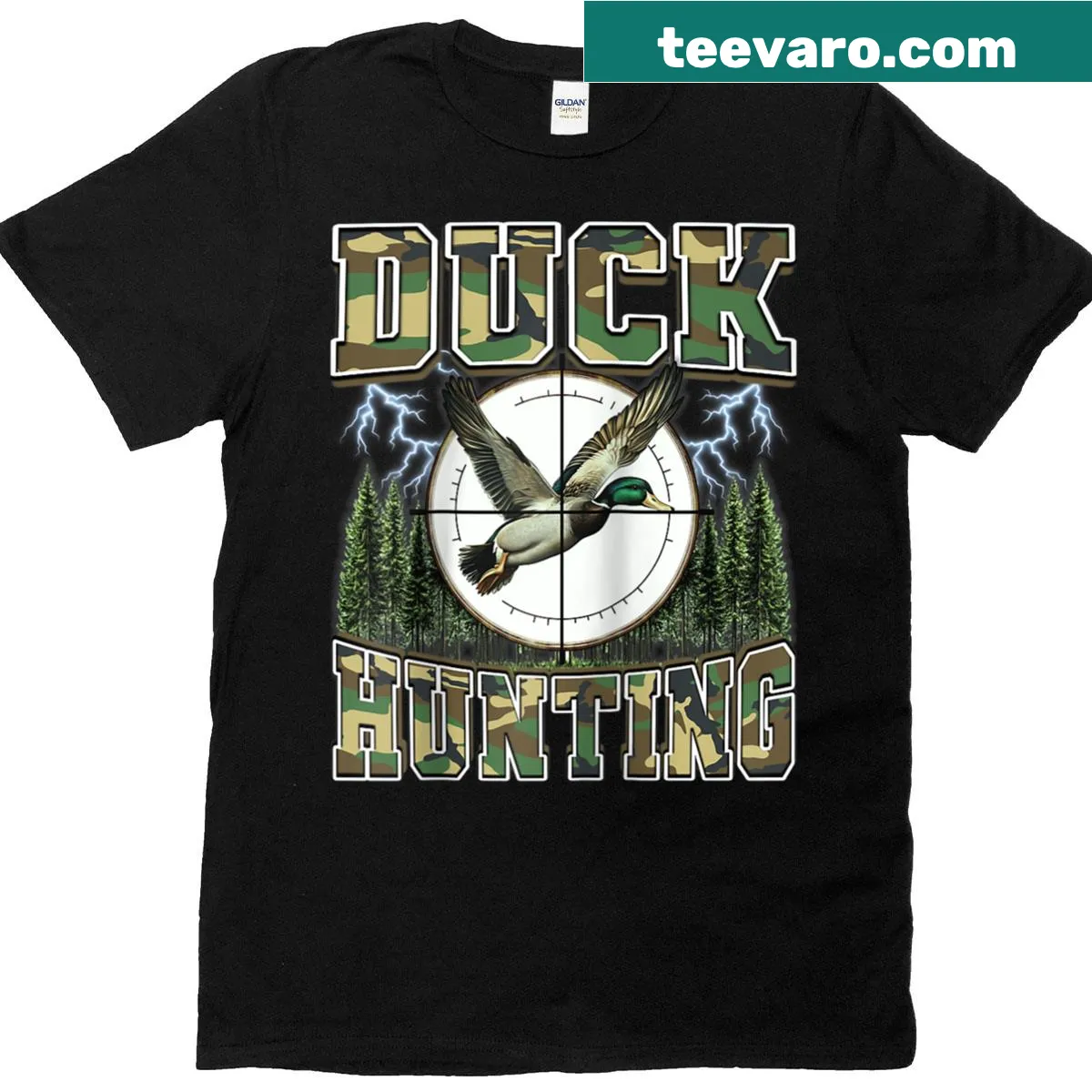 Vintage camo Duck Hunter tee with playful graphics and raglan sleeves. — on a men's t-shirt