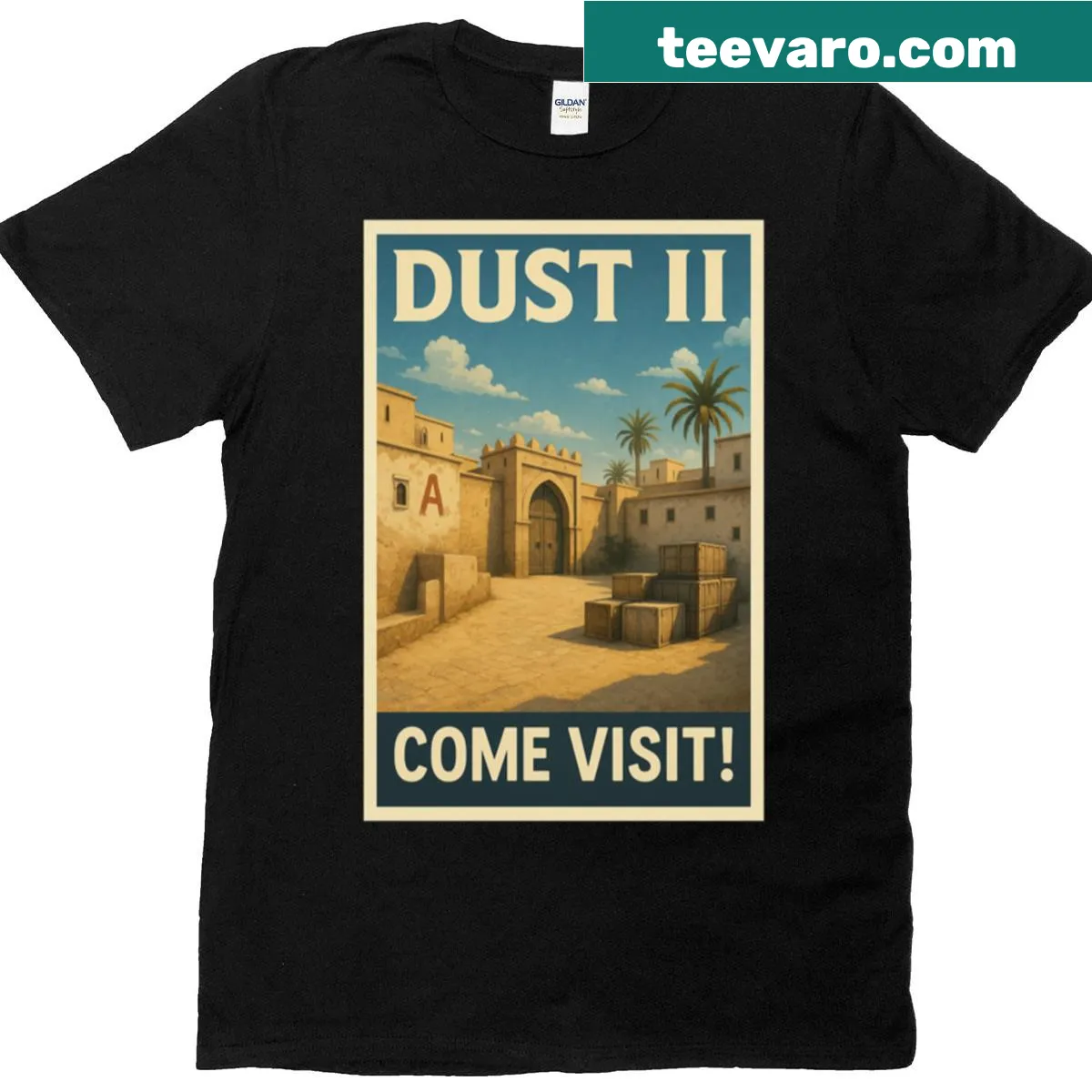 Oversized gaming shirt with Dust 2 Tourism graphic — on a men's t-shirt
