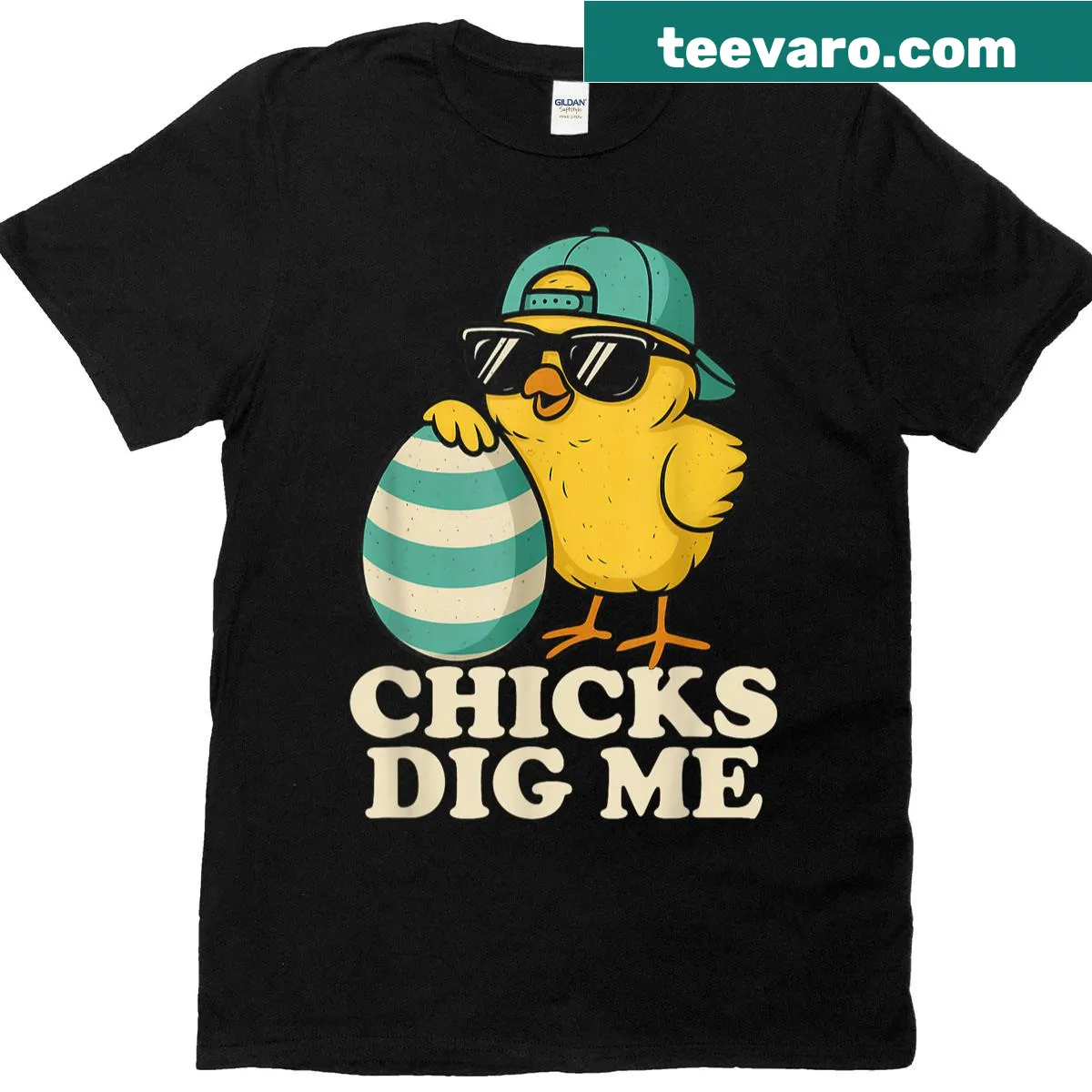 Cute Easter t-shirt featuring chicks and an egg hunt theme — on a men's t-shirt