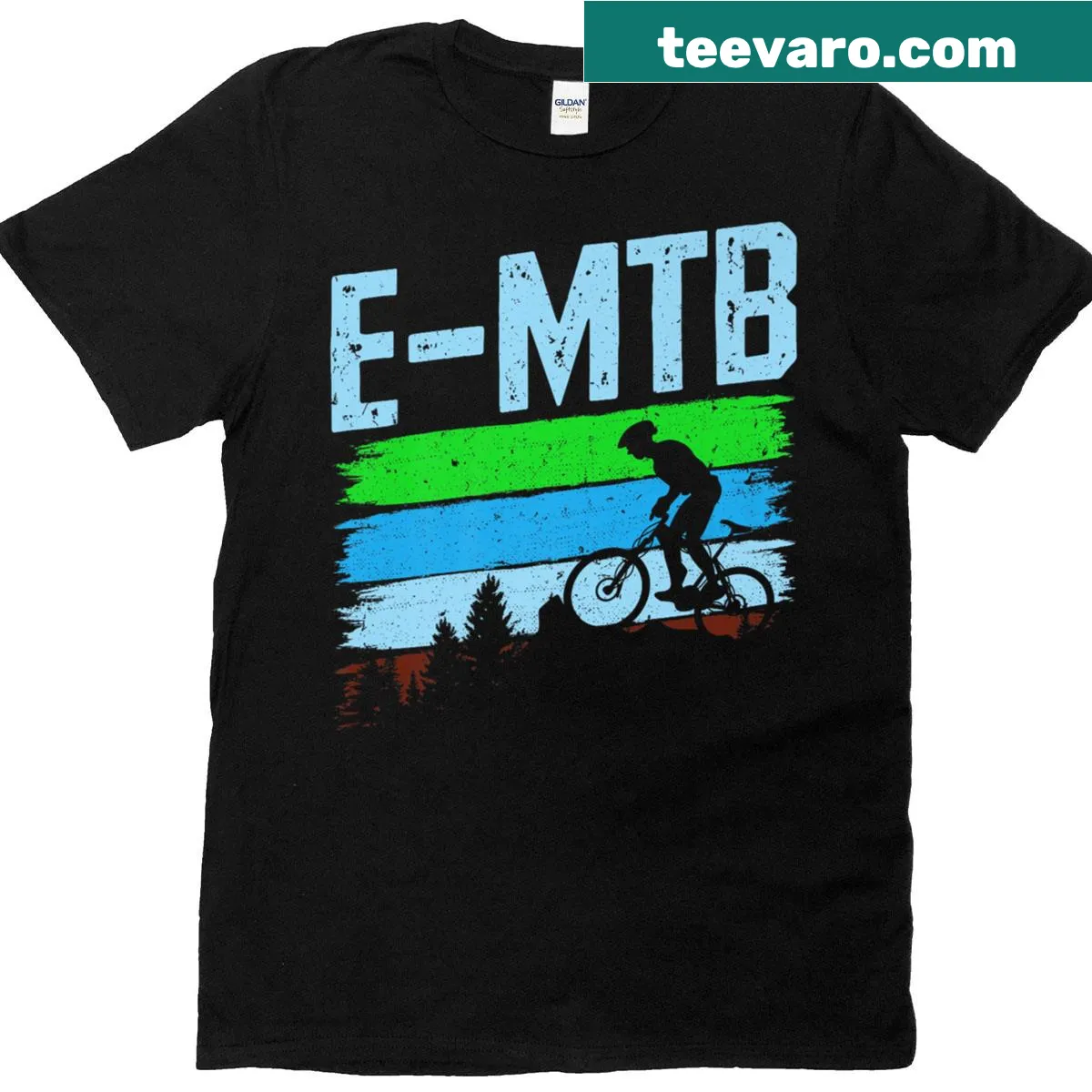 Funny t-shirt for electric mountain bikers with an action graphic — on a men's t-shirt