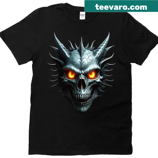 Dragon skull graphic T-shirt featuring ember eyes and flames illustration.