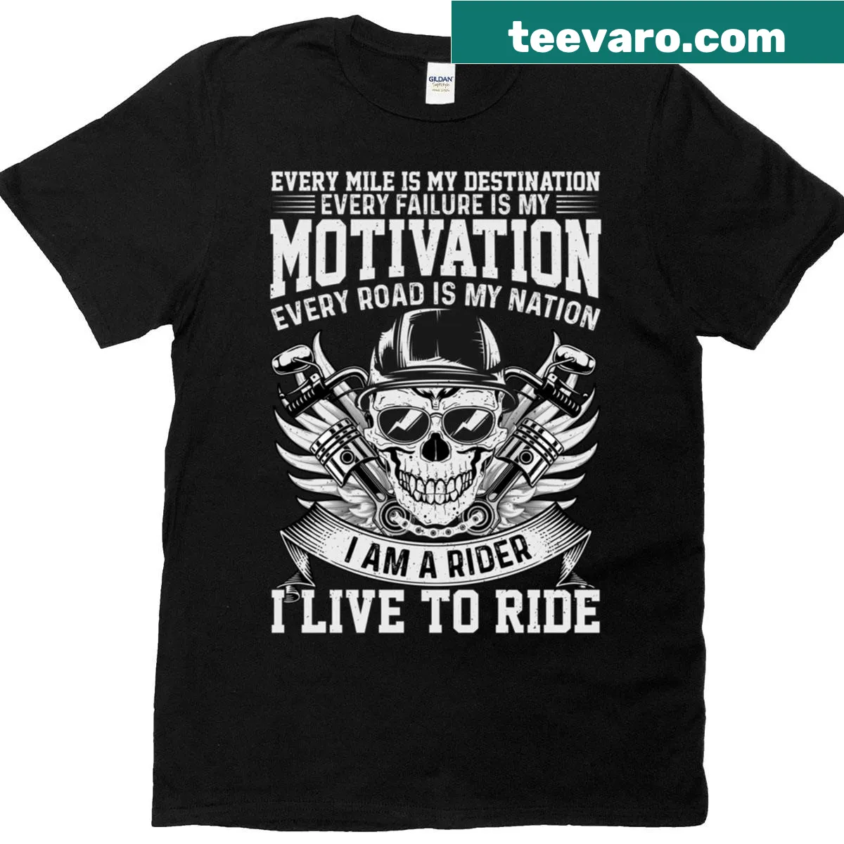 Skull wings graphic with text 'Every Mile Is My Destination' on T-shirt — on a men's t-shirt