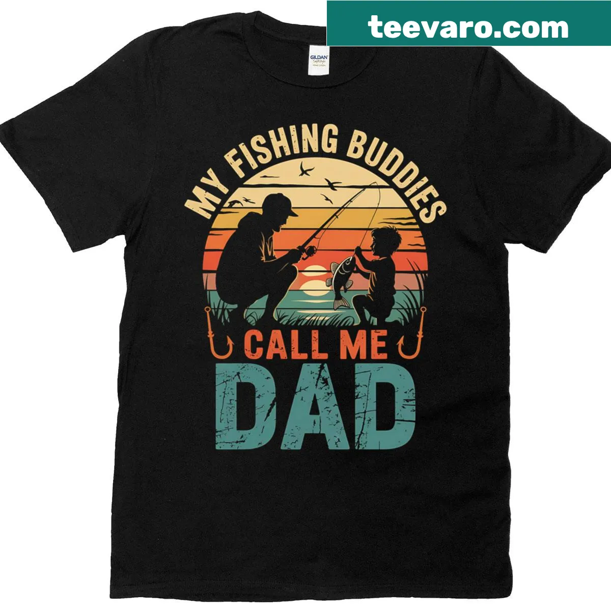 Text 'My Fishing Buddies Call Me Dad' with fishing elements on T-shirt — on a men's t-shirt
