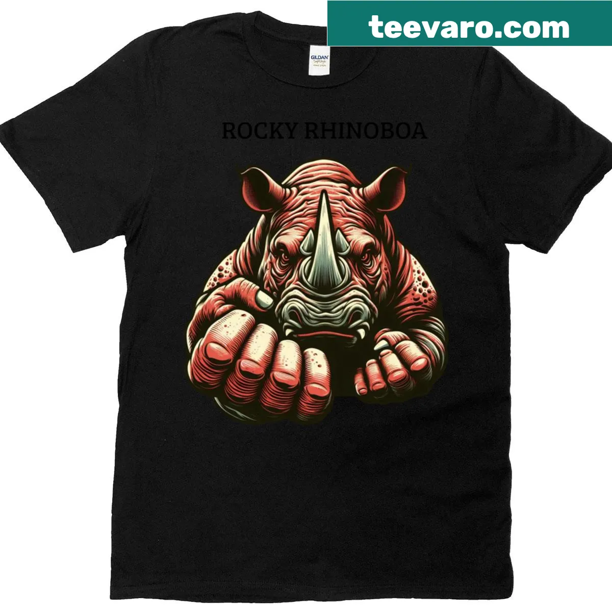 Illustration of a boxing rhinoceros with text 'Feel The Punch' on T-shirt — on a men's t-shirt
