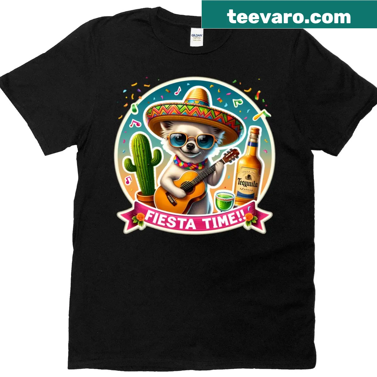 Cartoon chihuahua dressed for a fiesta celebration — on a men's t-shirt