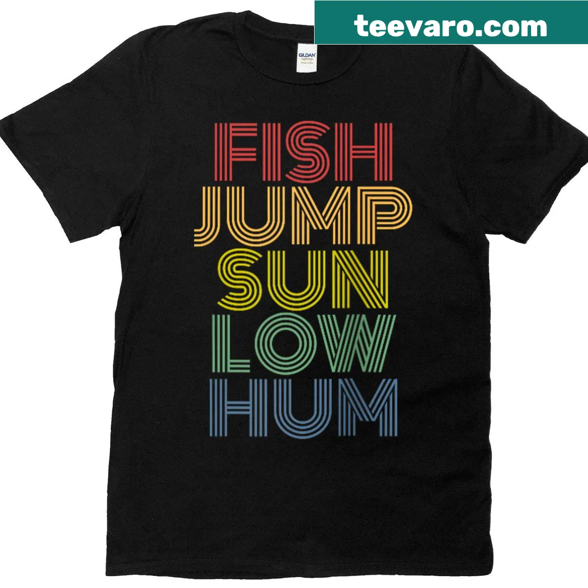 Retro summer vibes raglan tee with jumping fish and sun design — on a men's t-shirt